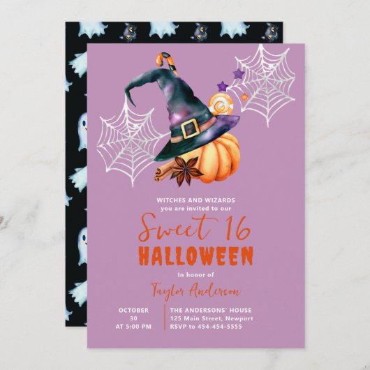 ハロウィンカボンプキンウィッチハット幽霊パープルスウィート16 招待状 (正面/裏面)