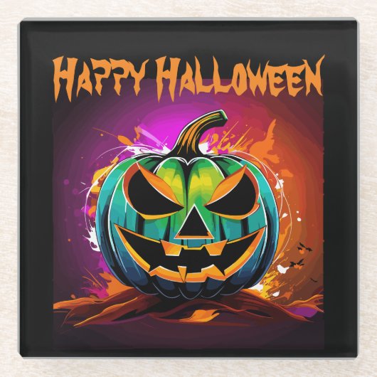 ハロウィンカラフルの不気味なパンプキンブラック ガラスコースター (正面)