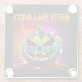 ハロウィンカラフルの不気味なパンプキンブラック ガラスコースター (裏面)