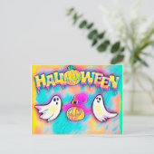 ハロウィンカラフル幽霊とカボチャ ポストカード (スタンド正面)