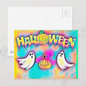 ハロウィンカラフル幽霊とカボチャ ポストカード (正面/裏面)