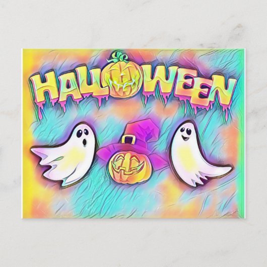 ハロウィンカラフル幽霊とカボチャ ポストカード (正面)