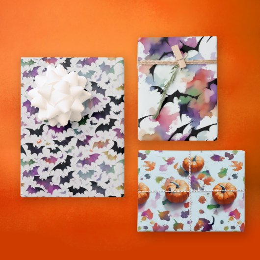 ハロウィンカラフル秋カボチャこうもり水彩 ラッピングペーパーシート