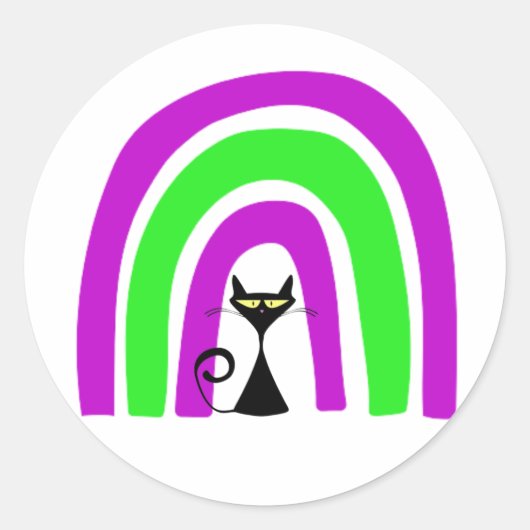 ハロウィンカラーの虹の下の黒猫 ラウンドシール (正面)