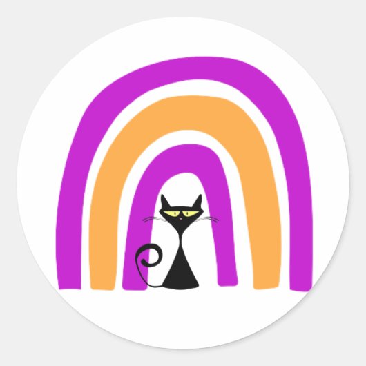 ハロウィンカラーの虹の下の黒猫 ラウンドシール (正面)