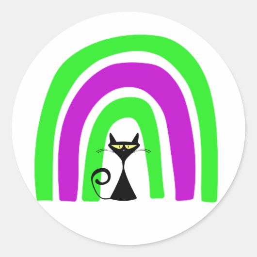 ハロウィンカラーの虹の下の黒猫 ラウンドシール (正面)