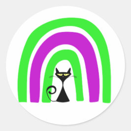 ハロウィンカラーの虹の下の黒猫 ラウンドシール