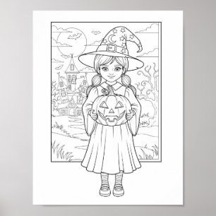 ハロウィンカラーリングページ – A Girl with Pumpkin ポスター