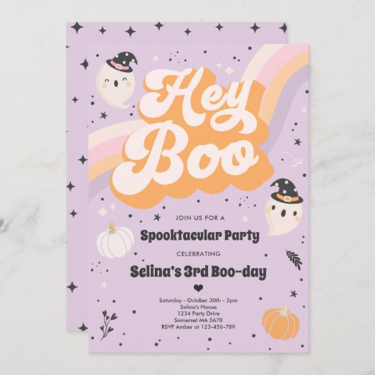 ハロウィンカワイイレトロ不気味幽霊誕生日パーティー 招待状 (正面/裏面)