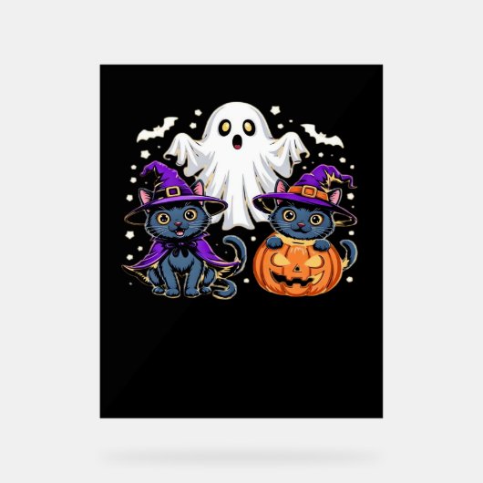 ハロウィンカワイイ幽霊カボチャクラシック猫Tシャツ_3 アクリルサイン (正面)