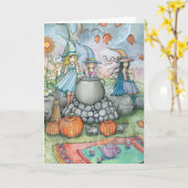 ハロウィンカード魔法使い猫のお茶会のおもしろい カード (黄色い花)