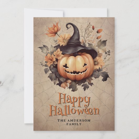 ハロウィンカード かぼちゃのクモの巣と帽子 シーズンカード (正面)