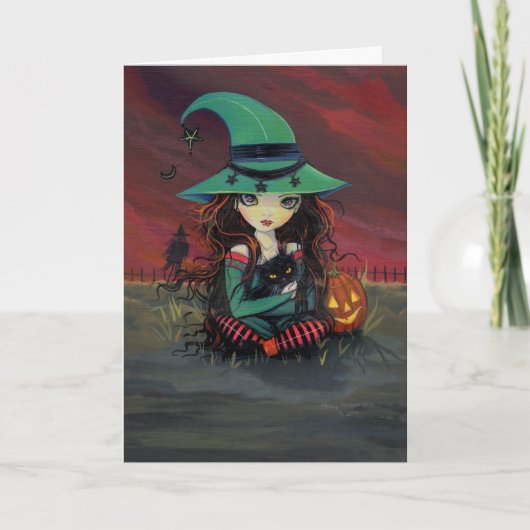 ハロウィンカード かわいい魔女と黒猫 カード (正面)