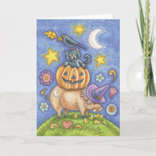 ハロウィンカード、ブタ、黒猫、カボチャ、カラス カード