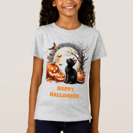 ハロウィンガールズ 黒猫 グレー クルーネックTシャツ Tシャツ
