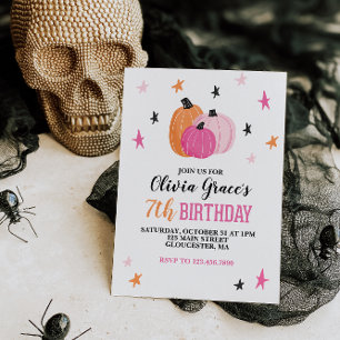 ハロウィンガール誕生日ピンクパンプキンスターズ招待状 招待状