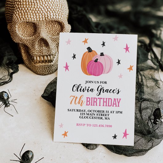 ハロウィンガール誕生日ピンクパンプキンスターズ招待状 招待状