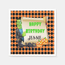 ハロウィンキッズネームフランケンシュタイン誕生日カスタム スタンダードカクテルナプキン
