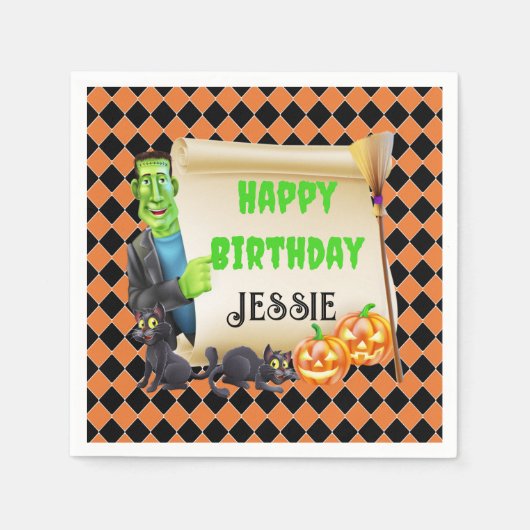 ハロウィンキッズネームフランケンシュタイン誕生日カスタム スタンダードカクテルナプキン (正面)