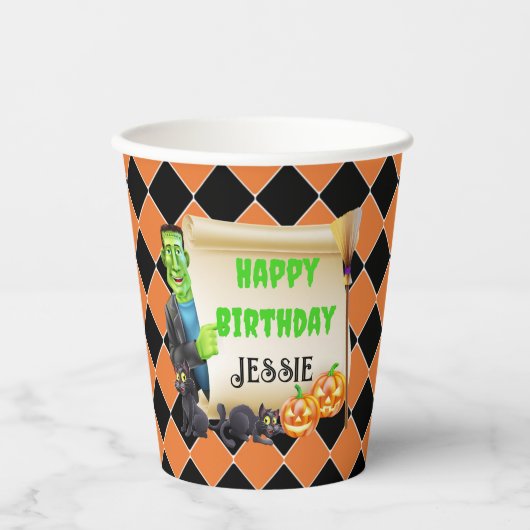 ハロウィンキッズネームフランケンシュタイン誕生日カスタム 紙コップ (正面)