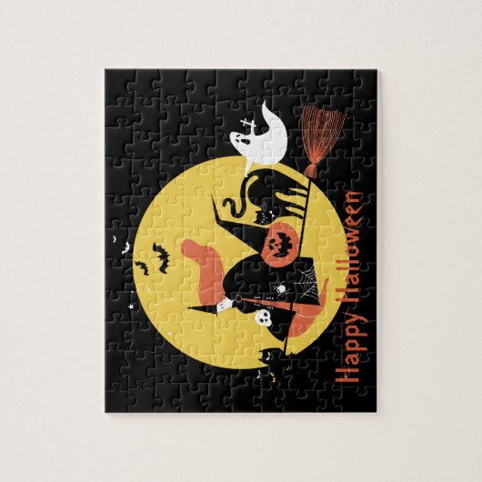 ハロウィンキッズブラック怖い漫画の月の魔女かわいい ジグソーパズル (縦)