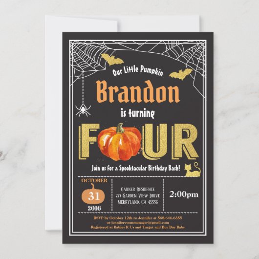 ハロウィンキッズ4th誕生日の招待状。黒金ゴールド 招待状 (正面)