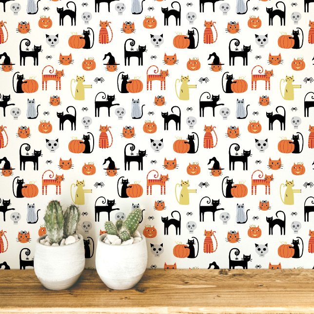 ハロウィンキャットのパターン 壁紙 (Fun Halloween black and orange cats, pumpkins, witches, zombies and skulls peel and stick wallpaper)