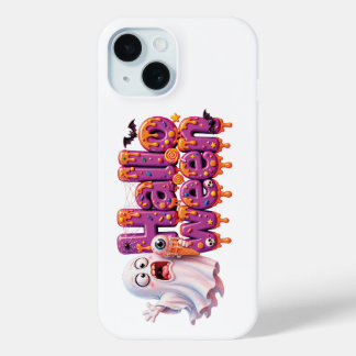 ハロウィンキャンディドロップテキスト かわいいコウモリ付き iPhone 15ケース