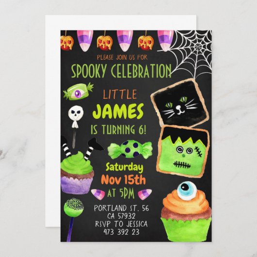 ハロウィンキャンディークッキー子供の誕生日招待状 招待状 (正面/裏面)