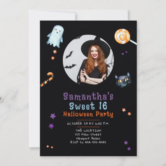 ハロウィンキャンディ幽霊ブラックキャットスウィート16写真 招待状 (正面)