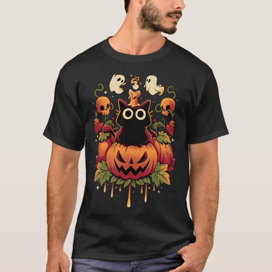 ハロウィンキャンドルトリック - 秋の猫 Tシャツ (正面)