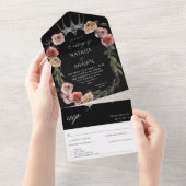 ハロウィンクラウンピンク&ブラックフローラ結婚ズブラック オールインワン招待状 (貼ってはがせる)