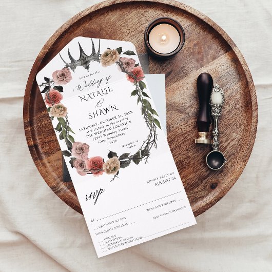 ハロウィンクラウンピンク&ブラックフローラ結婚ズ オールインワン招待状