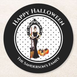 ハロウィンクラシックエレガントブラックドレス水玉模様 ラウンドペーパーコースター
