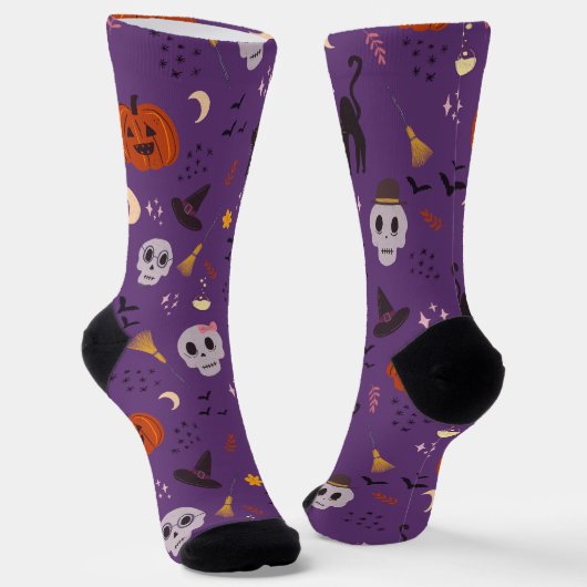 ハロウィンクルーソックス - ドクロ、カボチャ、黒猫 ソックス (傾斜あり)