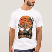 ハロウィンクロス墓石ドクロカボチャ黒猫 Tシャツ (正面)