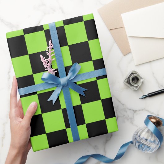 ハロウィングリーンブラック市松模様に誕生日カスタム文字 ラッピングペーパー (ギフト)