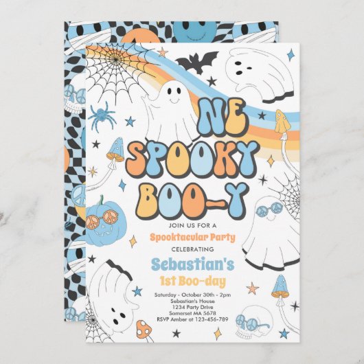 ハロウィングルーヴィキュート幽霊1st誕生日パーティー 招待状 (正面/裏面)