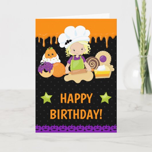 ハロウィンケーキベーキングブロンドガールハッピーバースデー カード (正面)