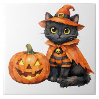 ハロウィンコスチュームの水彩黒猫 タイル