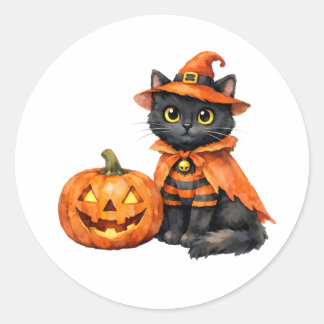 ハロウィンコスチュームの水彩黒猫 ラウンドシール