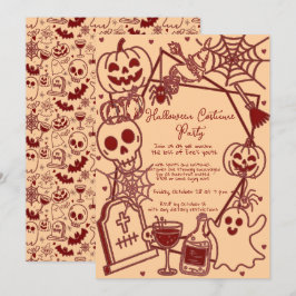 ハロウィンコスチュームの誕生日パーティー 手描きイラスト 招待状