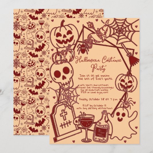 ハロウィンコスチュームの誕生日パーティー 手描きイラスト 招待状 (正面/裏面)