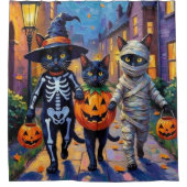 ハロウィンコスチュームの黒猫のトリック・オアトリート シャワーカーテン (正面)