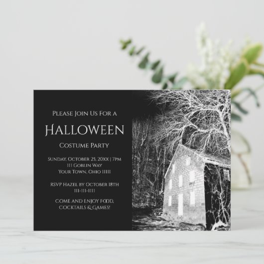 ハロウィンコスチューム幽霊のよく出るパーティーハウス白黒 招待状 (スタンド正面)