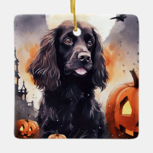 ハロウィンコッカースパニエル犬とカボチャ セラミックオーナメント