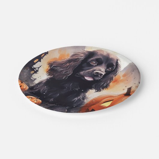 ハロウィンコッカースパニエル犬とカボチャ ペーパープレート (アングル)