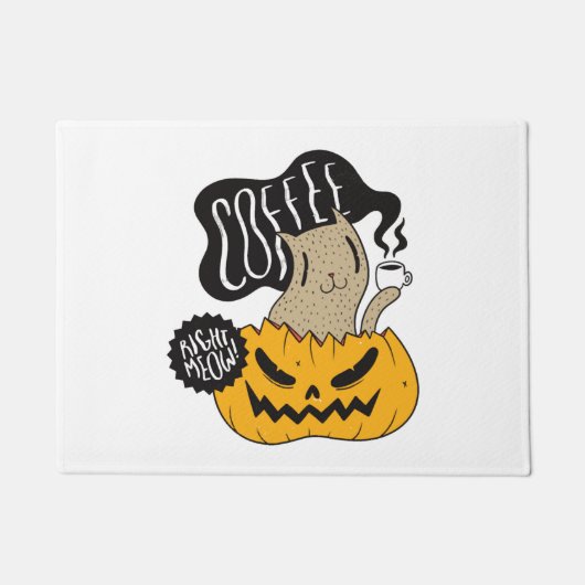 ハロウィンコーヒーキャット – かわいいハロウィンキャットが飲む ドアマット (正面)
