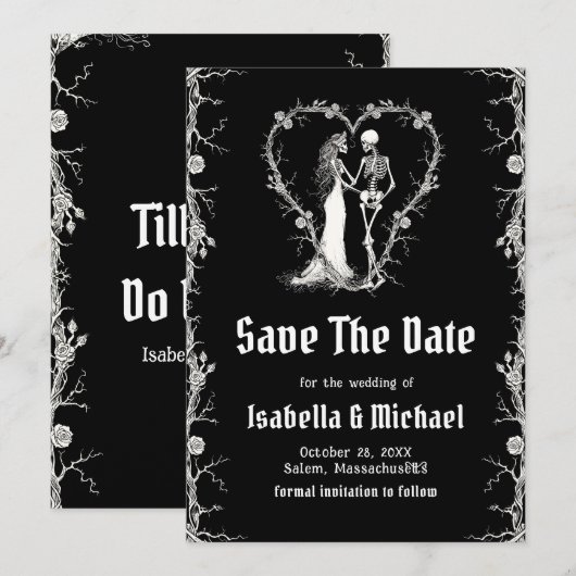ハロウィンゴシックの黒と白のSave The Date 招待状 (正面/裏面)