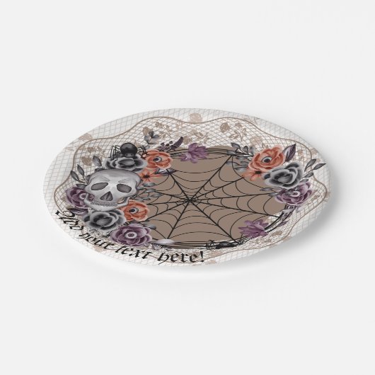 ハロウィンゴシックインスパイアフローラスカルレース ペーパープレート (アングル)